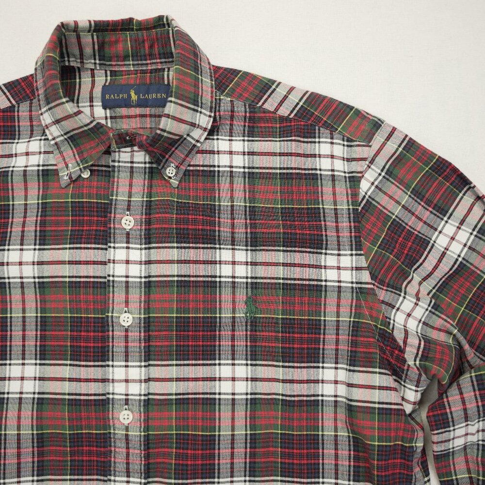 Polo Ralph Lauren Button Shirt Medium Red‎ Plaid Green Pony Long Sleeve Oxford